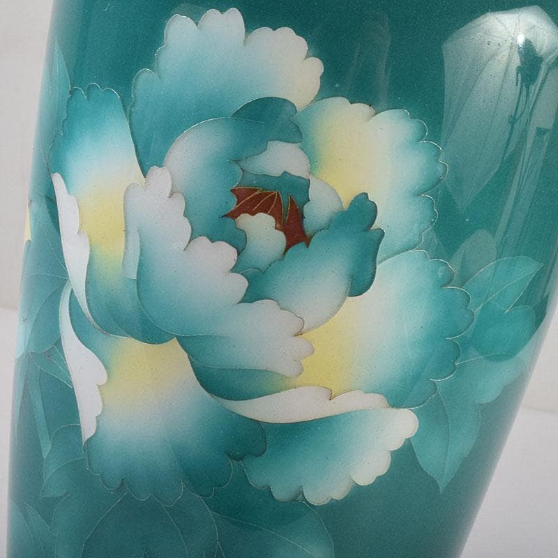 七宝焼　緑釉　花文　花瓶　共箱　V　R9334