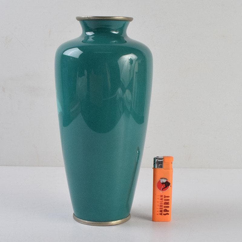 七宝焼　緑釉　花文　花瓶　共箱　V　R9334