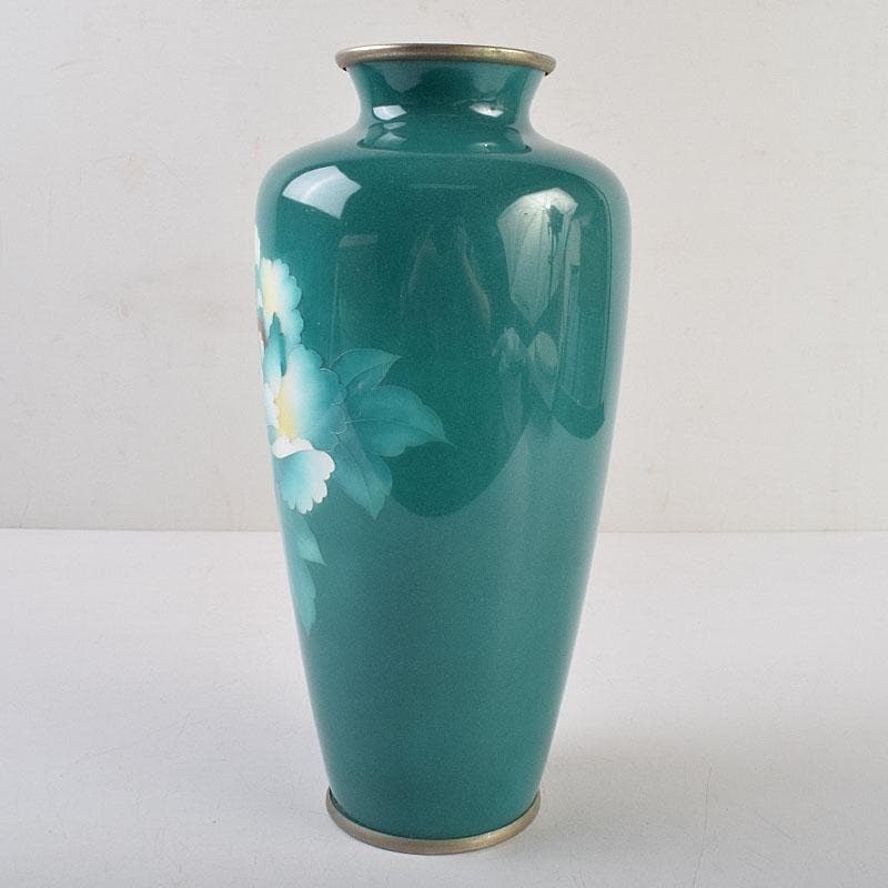 七宝焼　緑釉　花文　花瓶　共箱　V　R9334