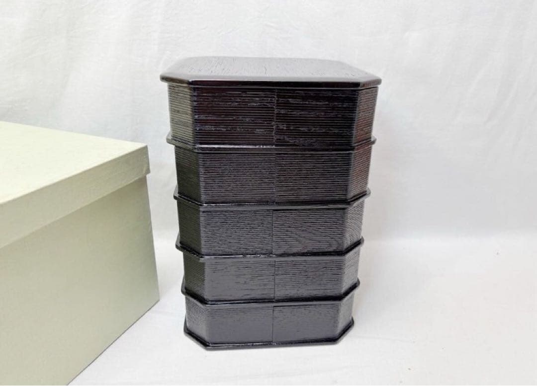 ほぼ未使用 懐石道具 木製柿合塗 5段縁高重 茶懐石 利休好写 天然木 元箱