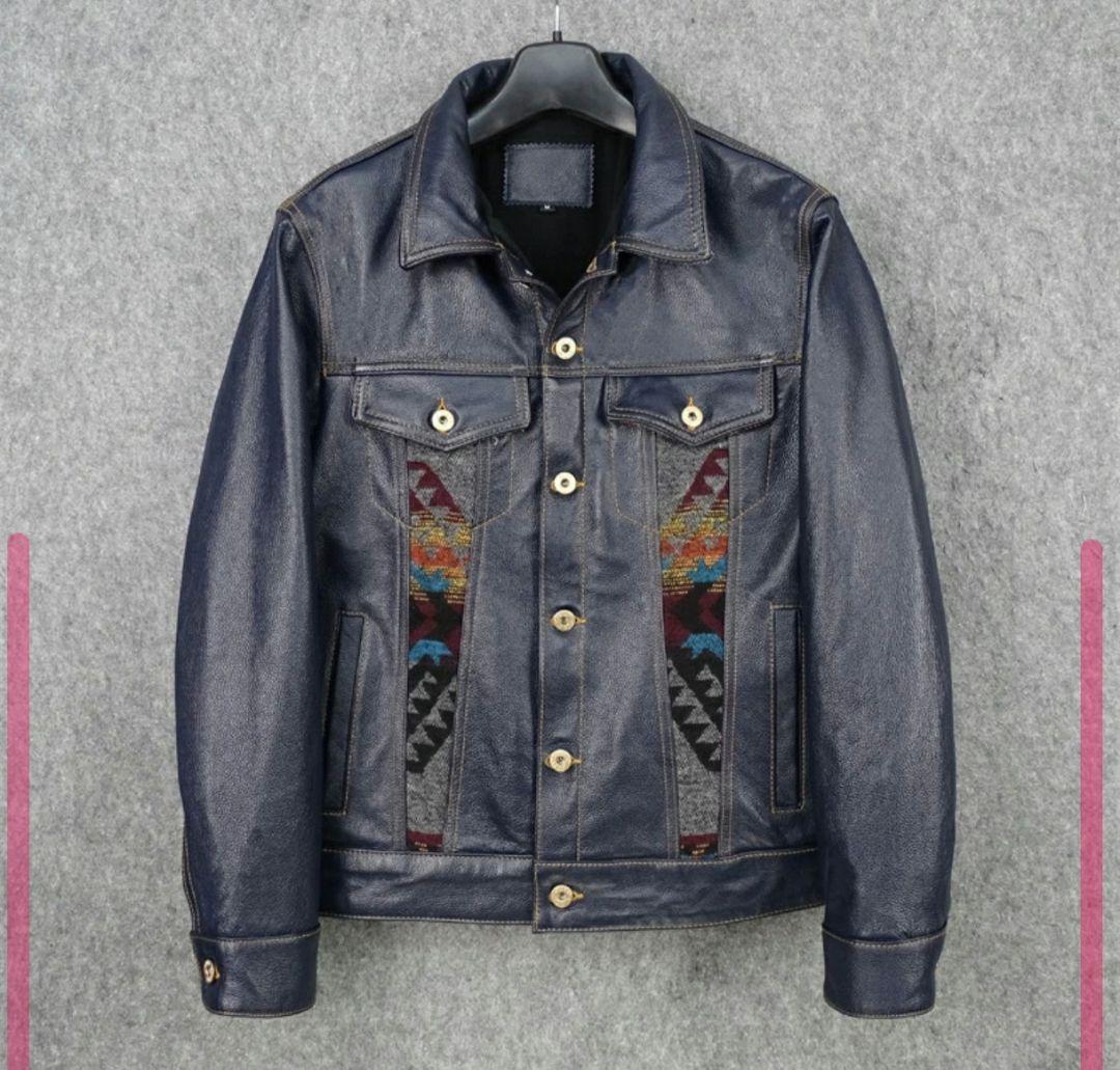 ダークブルー レザージャケット ナバホ柄
