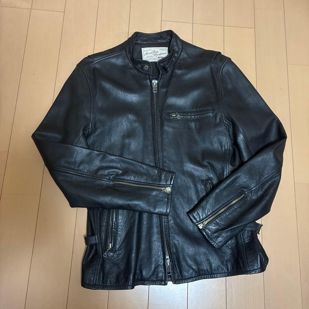 AVIREX ブラックレザーシングルライダースジャケット 42