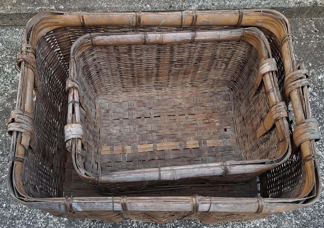 【古道具】大型 竹籠 2個セット 網代編み 天然竹 昭和レトロ アンティーク