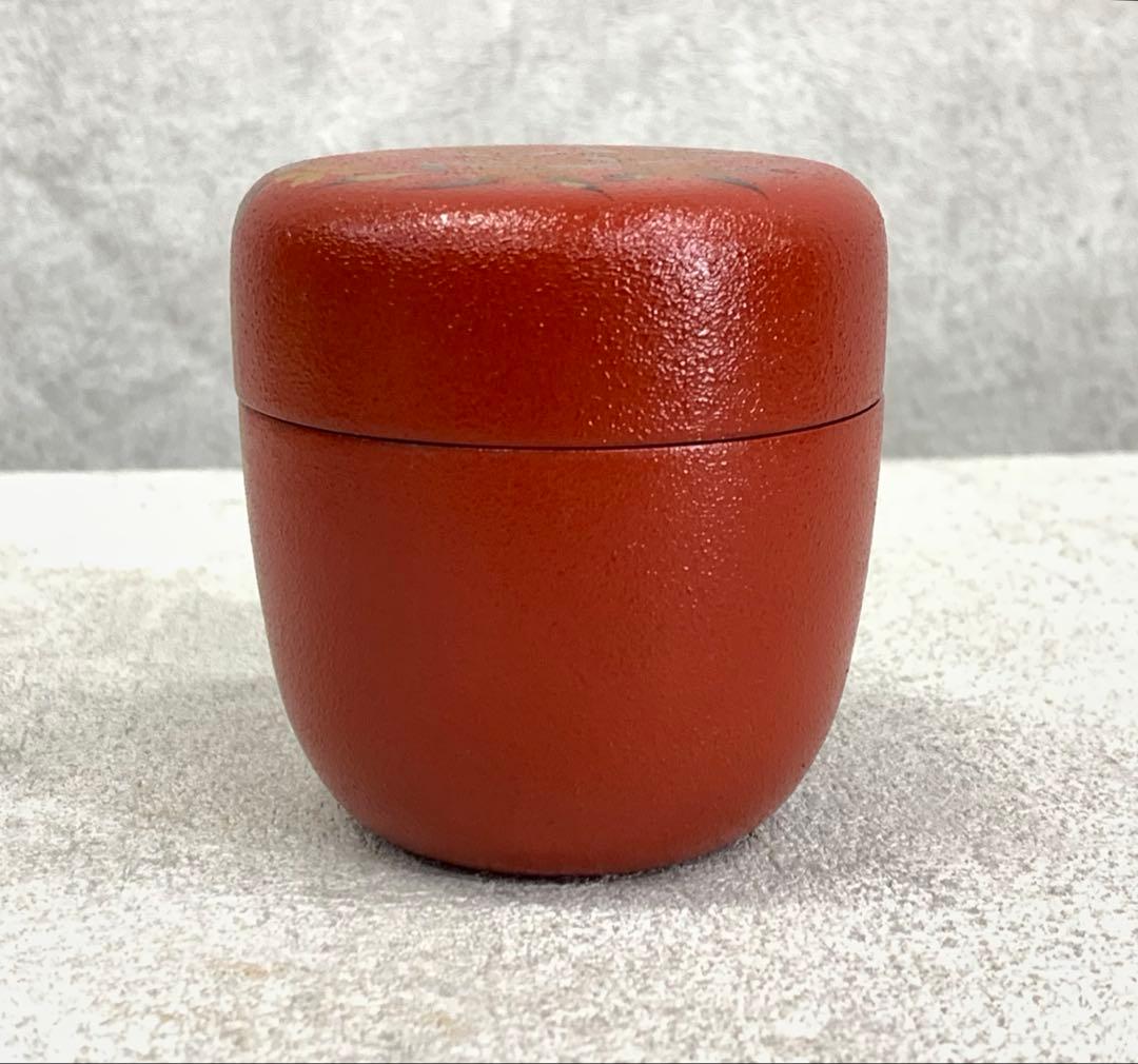 中棗 中村湖彩 しだれ桜 共箱 叩塗 蒔絵 赤 春 金 茶道具 茶の湯 B-8