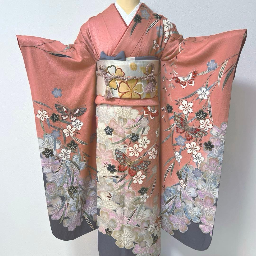 394 振袖フルセット 正絹 ダスティピンク くすみピンク 桃 金彩 暈し染め