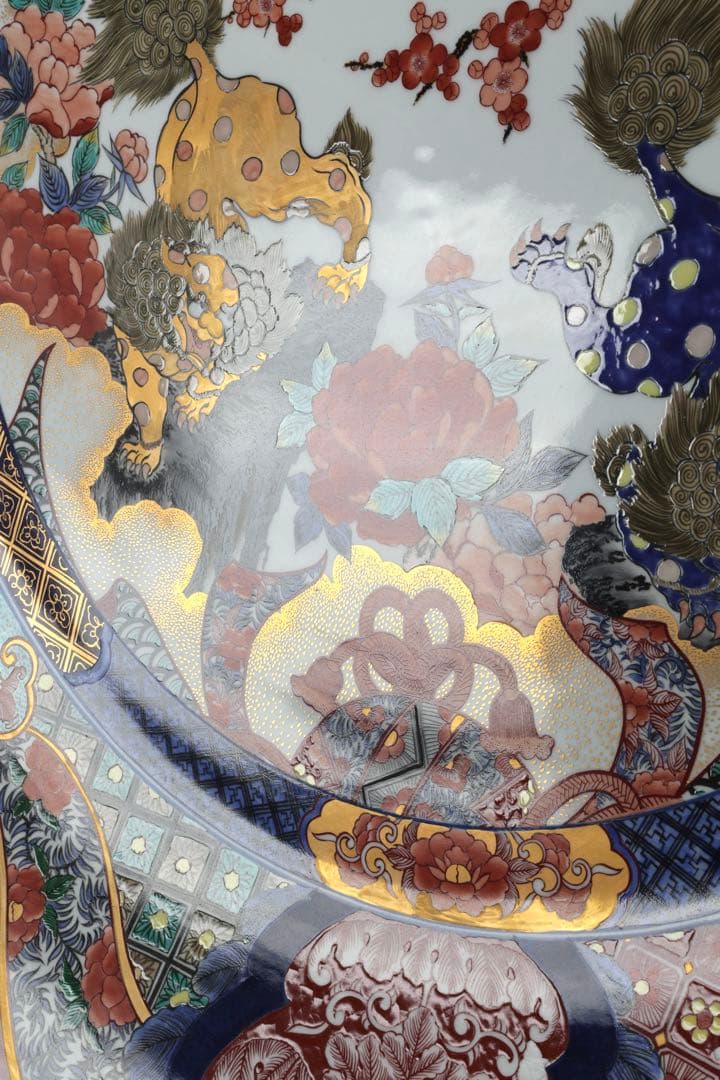 有田焼 神右エ門作 特大染綿唐獅子図大皿 飾皿 99.5㎝ 皿立付 骨董 古美術