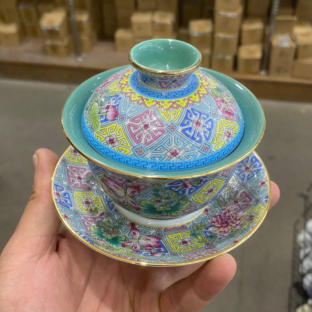 中国茶器 錦繡蓮花牡丹蓋碗 景徳镇 蓋付き茶器 飲茶食器 煎茶具 未使用品