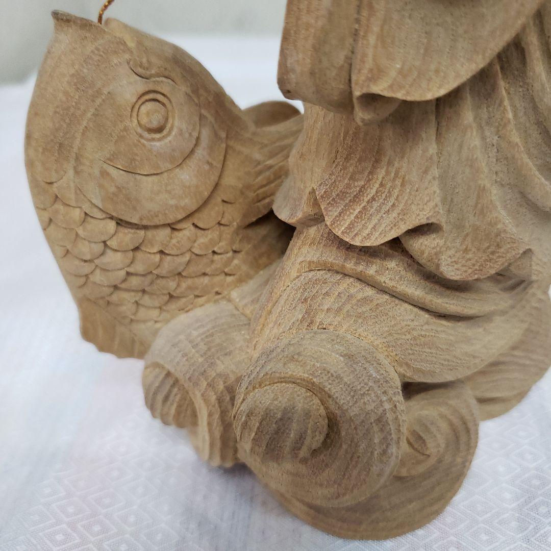 Ｂフライデー蔵出し特価縁起物七福神楠材恵比寿像えべっさん身丈23cm棹先34cm