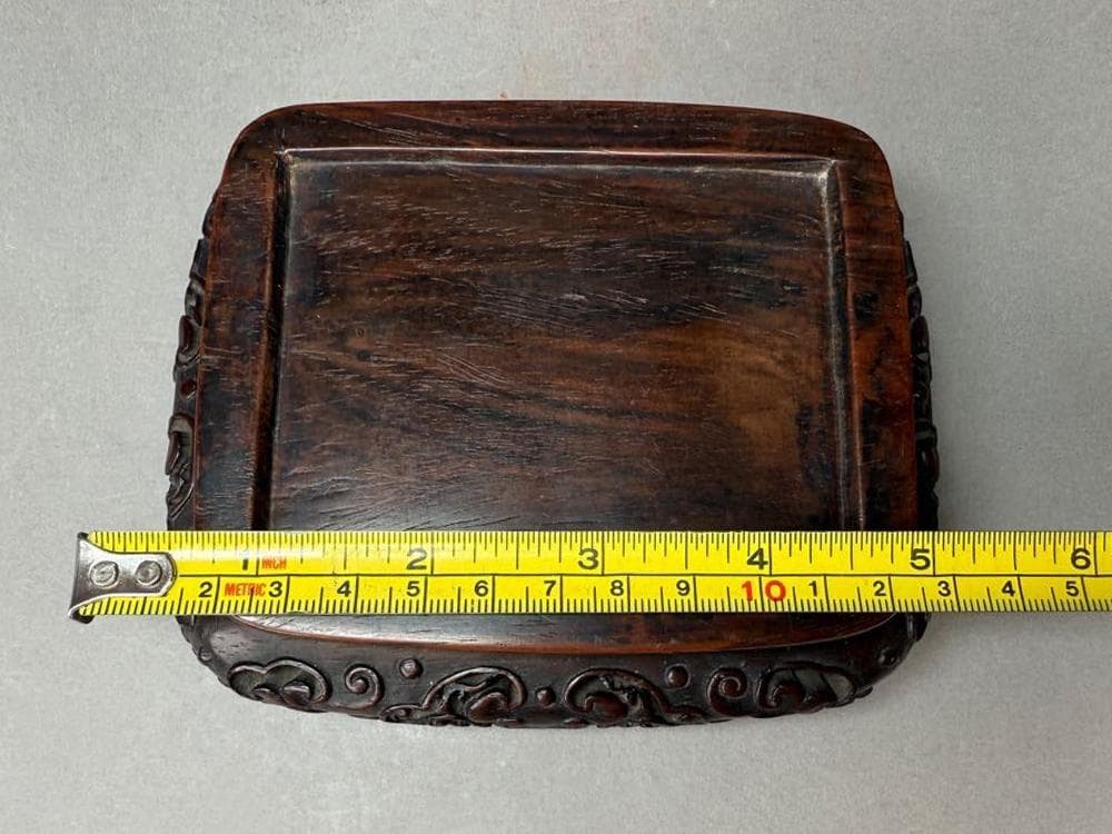 【木】　★ 竹木 紫檀彫扁六方形底座 ★　清朝期　如意雲足 細工彫刻　文房珍玩