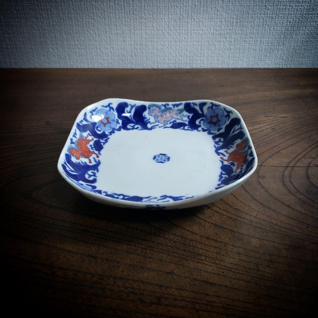 角皿　古伊万里　色絵　獅子　麒麟　七宝紋　唐花草　銘　明治　大正　訳あり