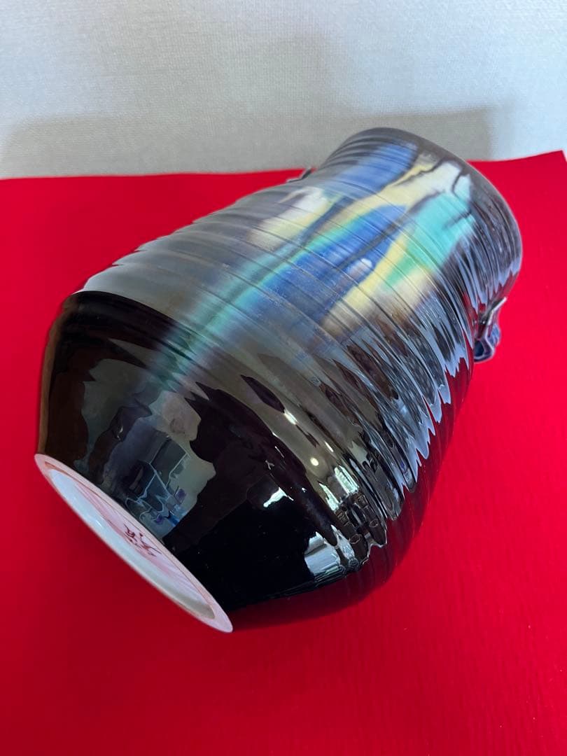 【大型】人間国宝 徳田八十吉  (正彦銘) 彩釉 耳付き 花瓶 管理T201