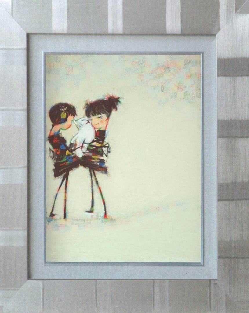 油絵 菅家令子 絵 絵画インテリア 額付(銀) F4-072619 子猫と女の子