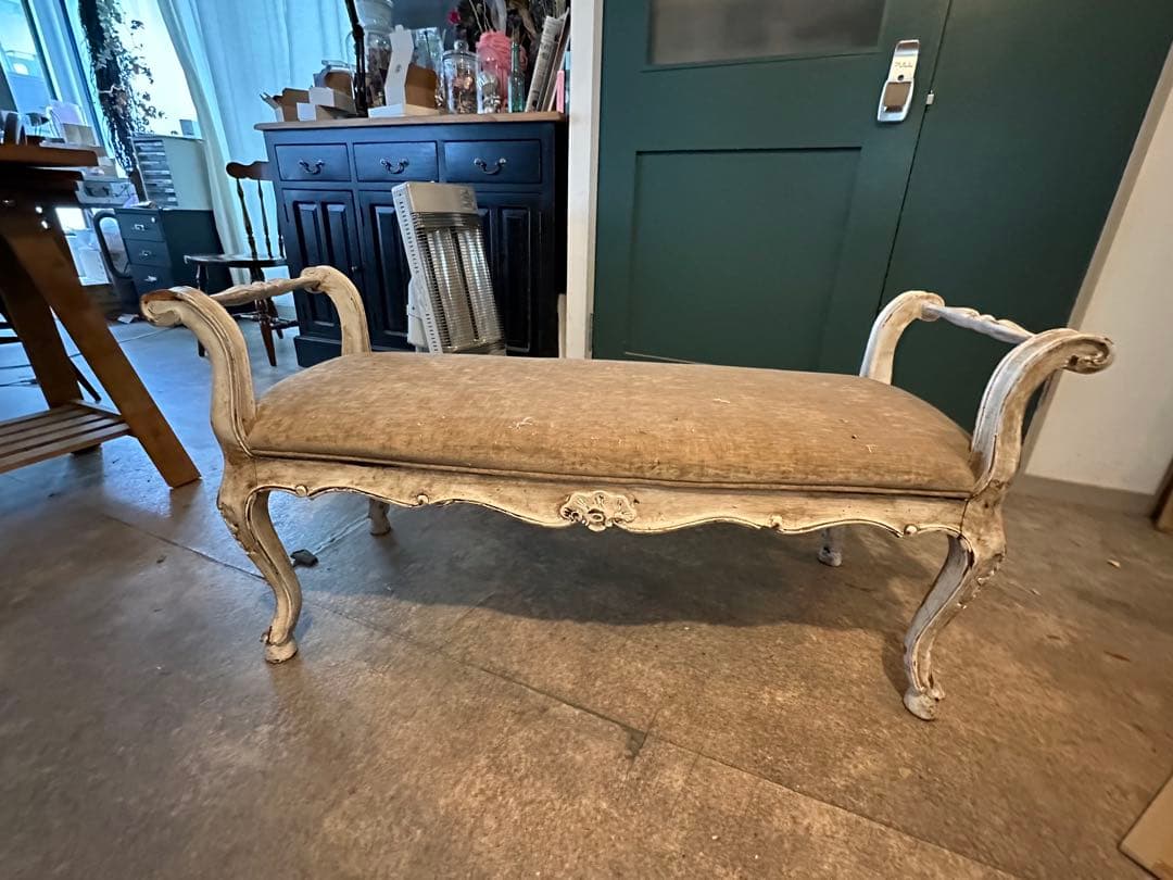 アンティークベンチ 木製 布張り