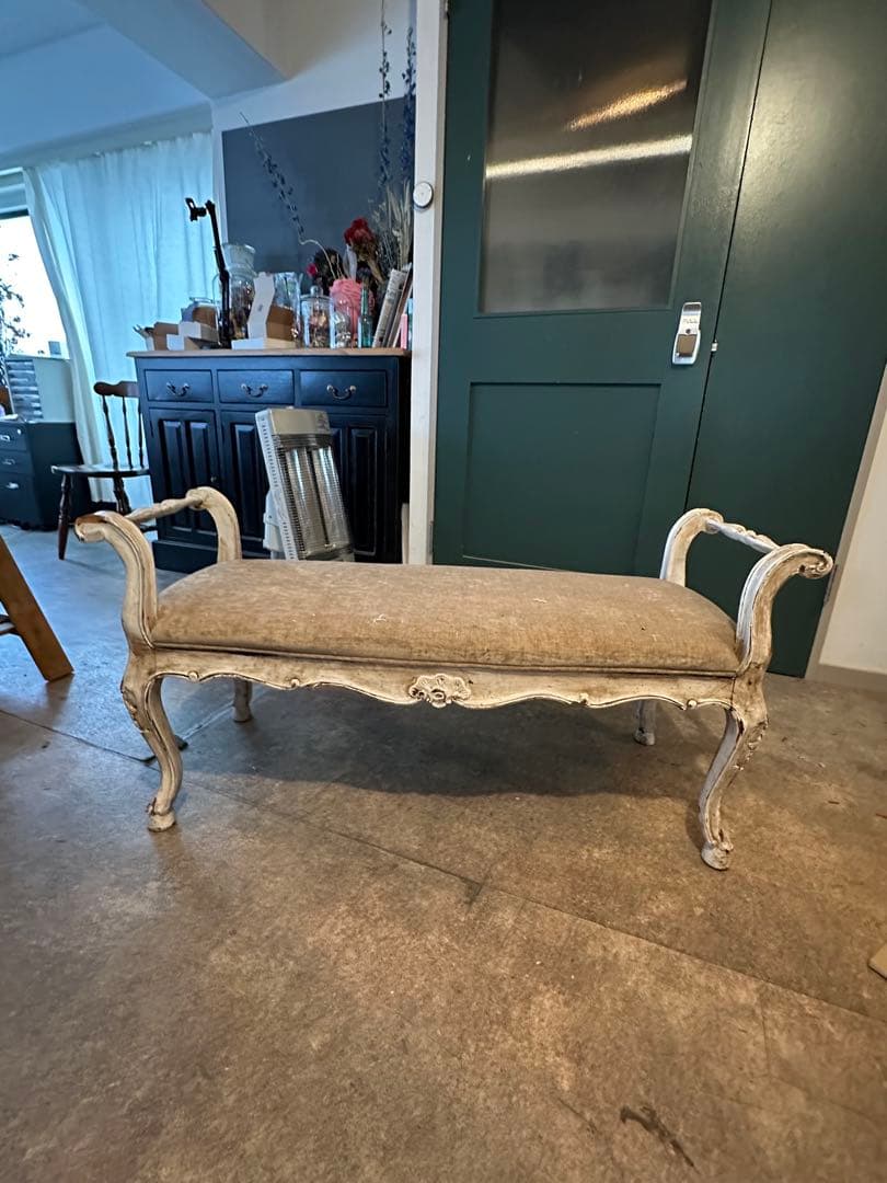 アンティークベンチ 木製 布張り