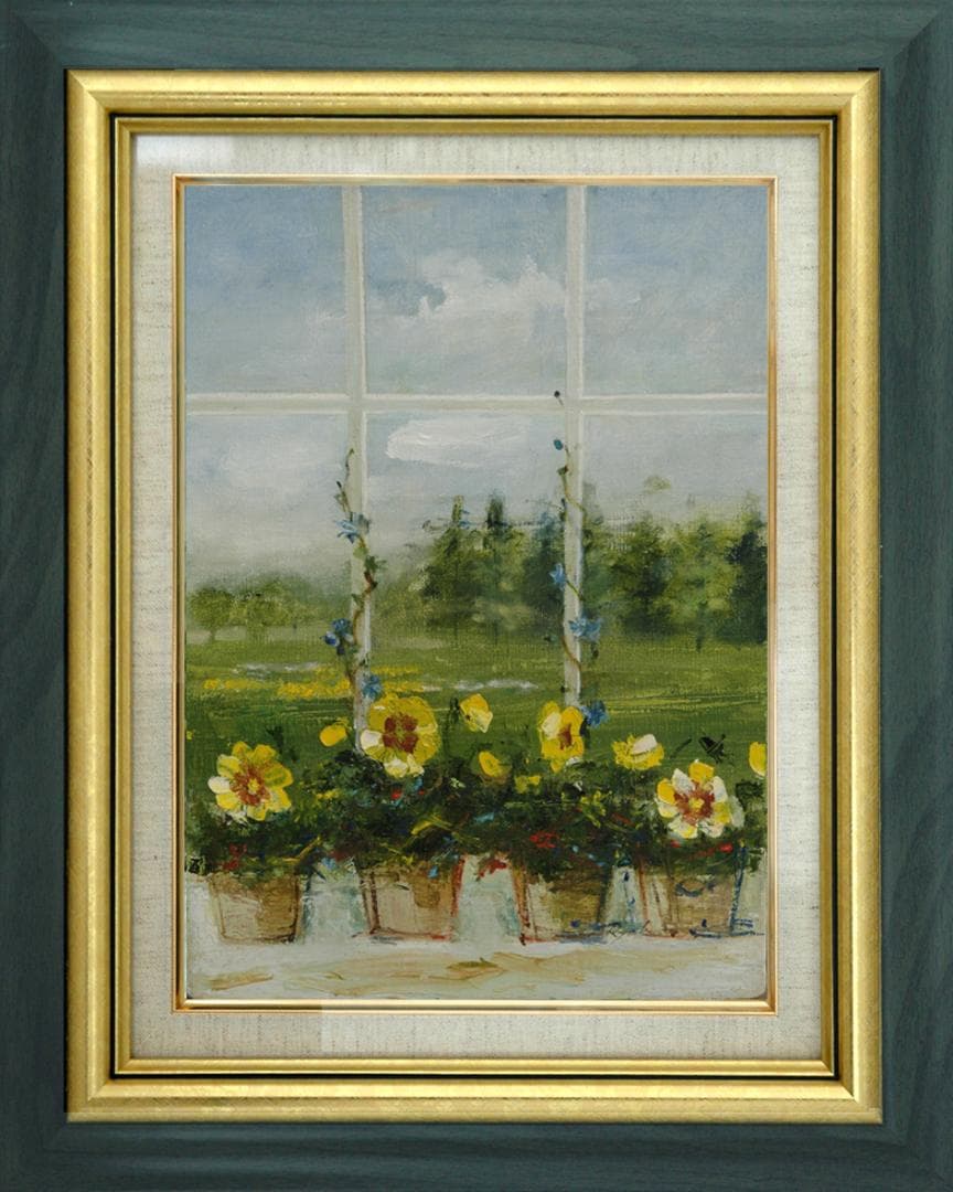 油絵 菅家令子 絵 絵画インテリア 額付(青緑＋金色の枠)F4-070402 花