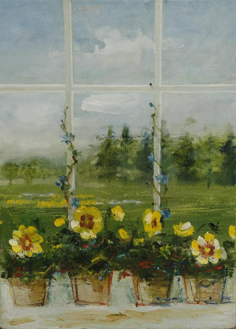 油絵 菅家令子 絵 絵画インテリア 額付(青緑＋金色の枠)F4-070402 花