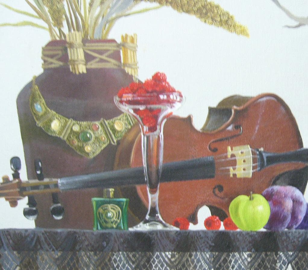 田浦　信勝 絵画 肉筆油絵 静物画 M12 バイオリン テーブルクロス
