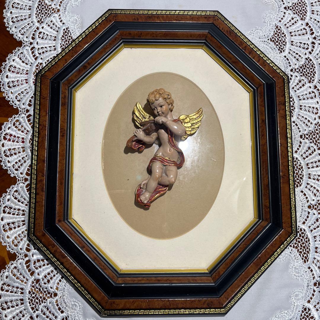 【ヴィンテージ 】バイオリンを弾く天使 立体像 天使 木製額