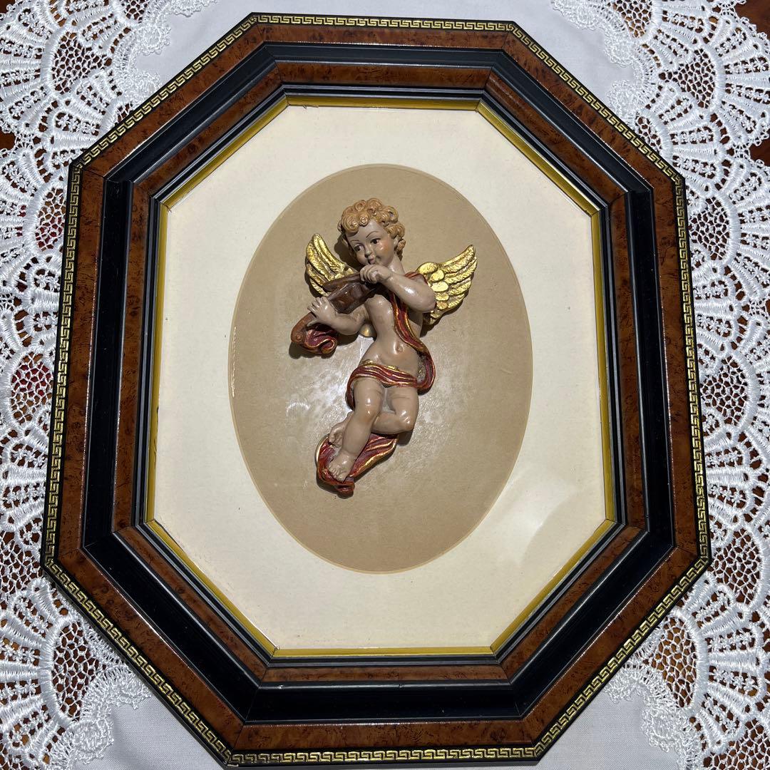 【ヴィンテージ 】バイオリンを弾く天使 立体像 天使 木製額