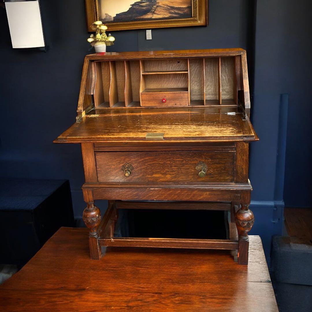 英国 アンティーク家具 ライティングビューロー オーク 1920年代 真鍮