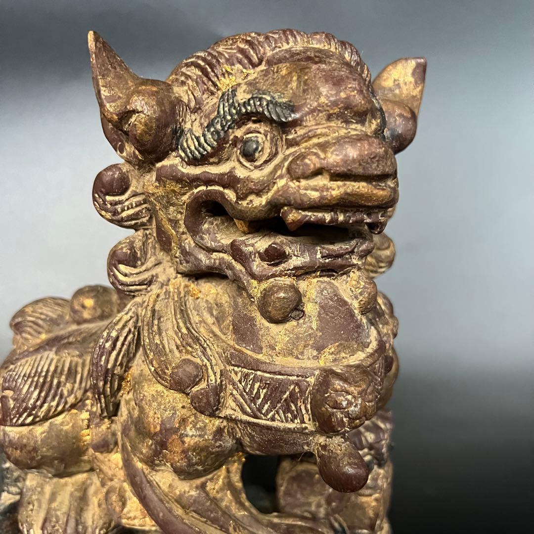 ◎古道具 庵々◎清朝中後期 木彫 守護獅子置物◎狛犬 唐物中国古美術 骨董古寺院