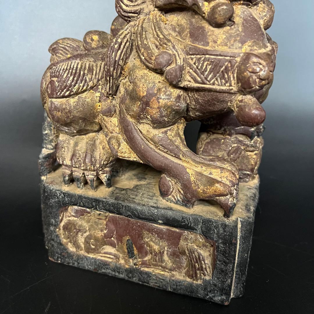 ◎古道具 庵々◎清朝中後期 木彫 守護獅子置物◎狛犬 唐物中国古美術 骨董古寺院