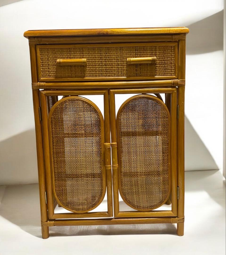 あと1000円値引き★昭和レトロ　アンティーク　ラタンの両引き出し付き花台電話台