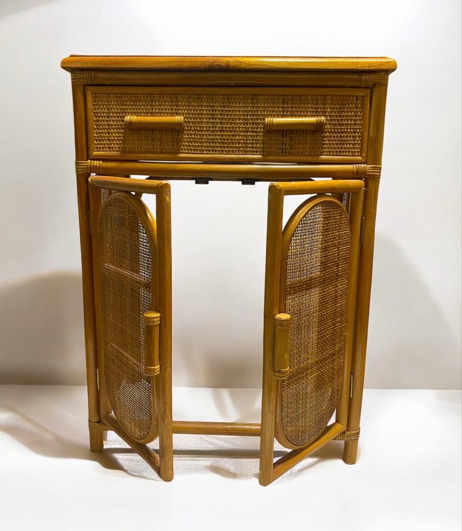 あと1000円値引き★昭和レトロ　アンティーク　ラタンの両引き出し付き花台電話台