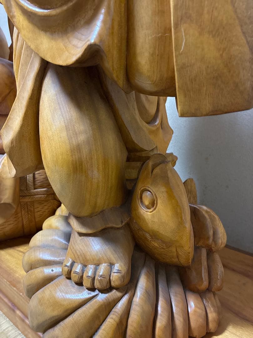 値下げ対応　アンティーク金絲楠木 恵比寿大黒天 木の手彫り一対 80cm 大型