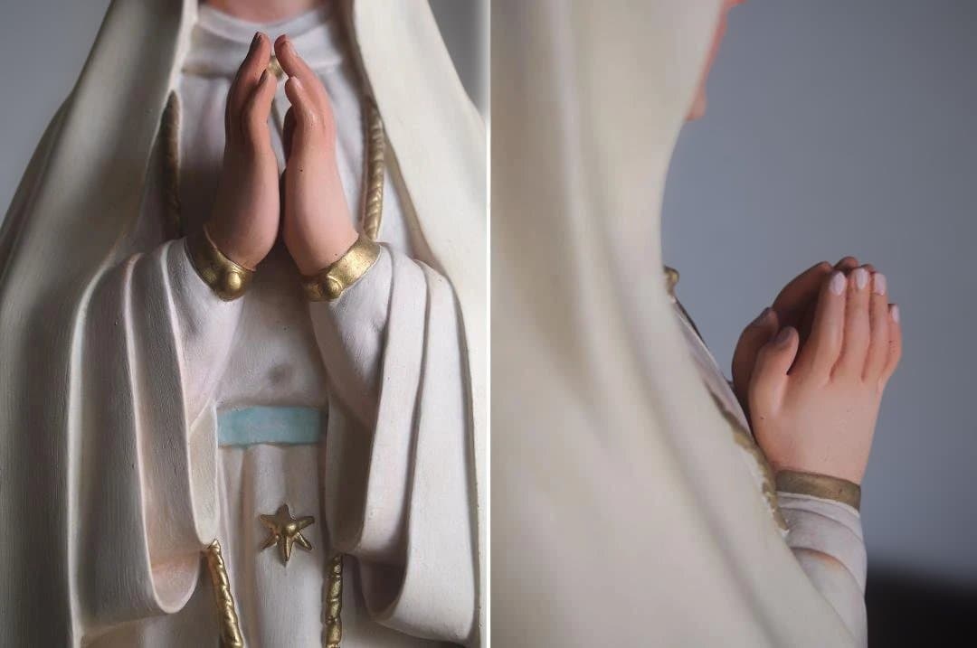 白いローブのファティマの聖母マリア像 グラスアイ69cm 宗教彫刻/K149