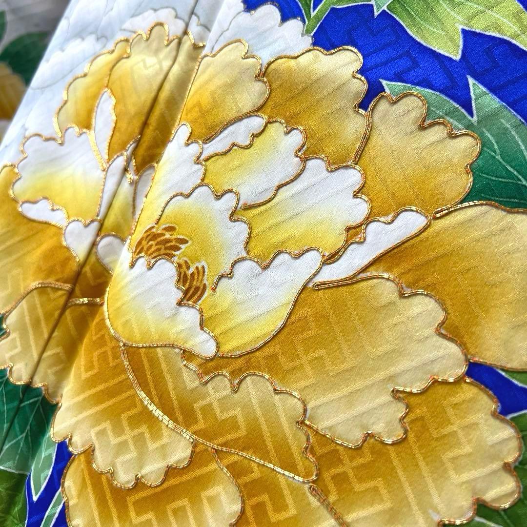 364 振袖フルセット 正絹 青 ブルー 黄色 オレンジ 金彩 駒刺繍 華やか