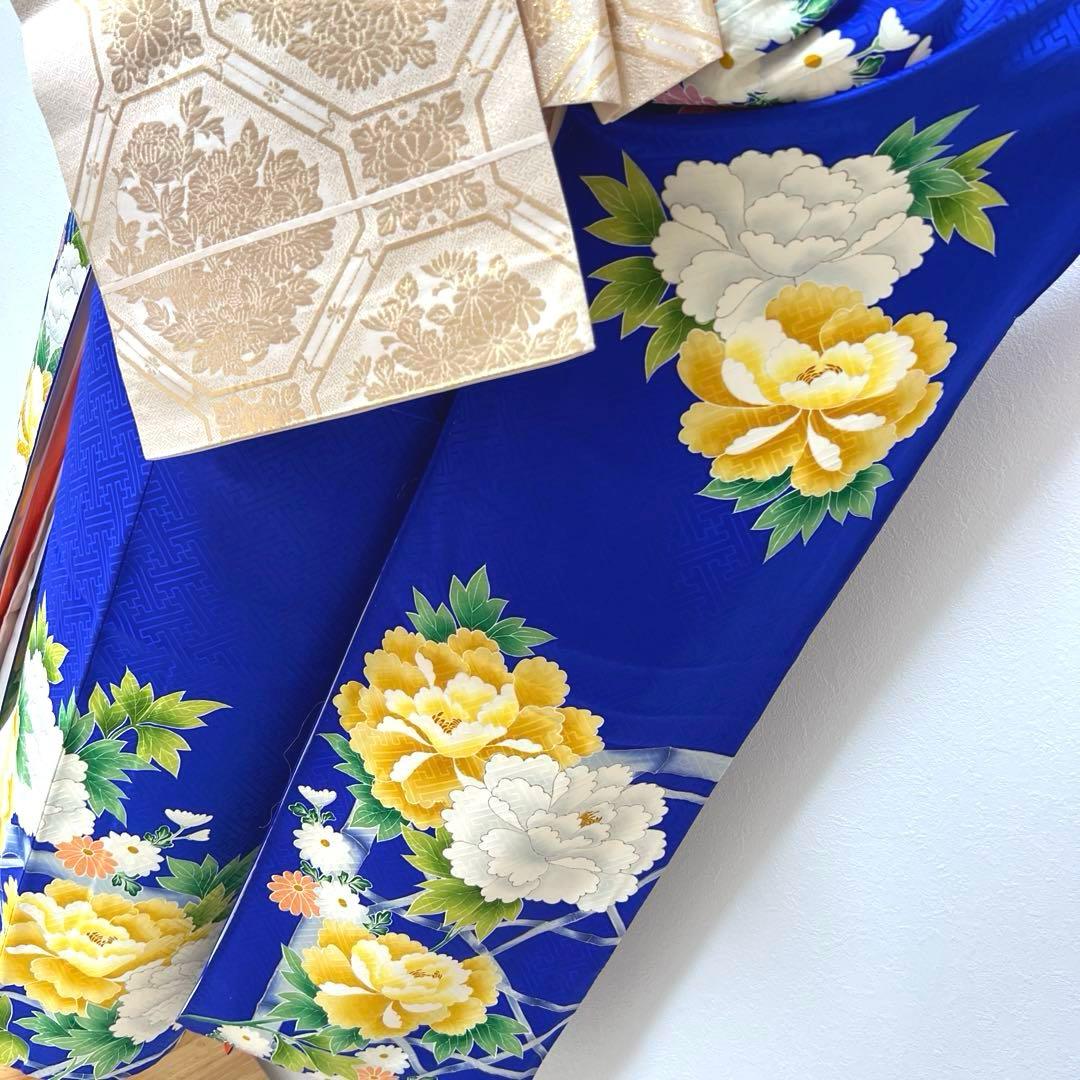 364 振袖フルセット 正絹 青 ブルー 黄色 オレンジ 金彩 駒刺繍 華やか