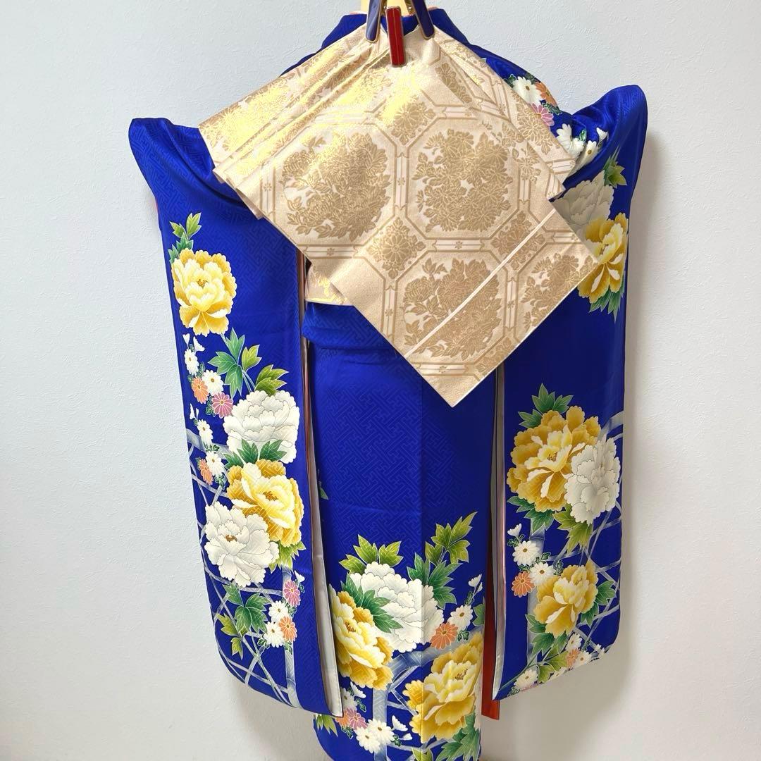 364 振袖フルセット 正絹 青 ブルー 黄色 オレンジ 金彩 駒刺繍 華やか