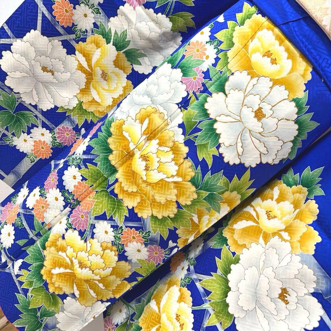 364 振袖フルセット 正絹 青 ブルー 黄色 オレンジ 金彩 駒刺繍 華やか