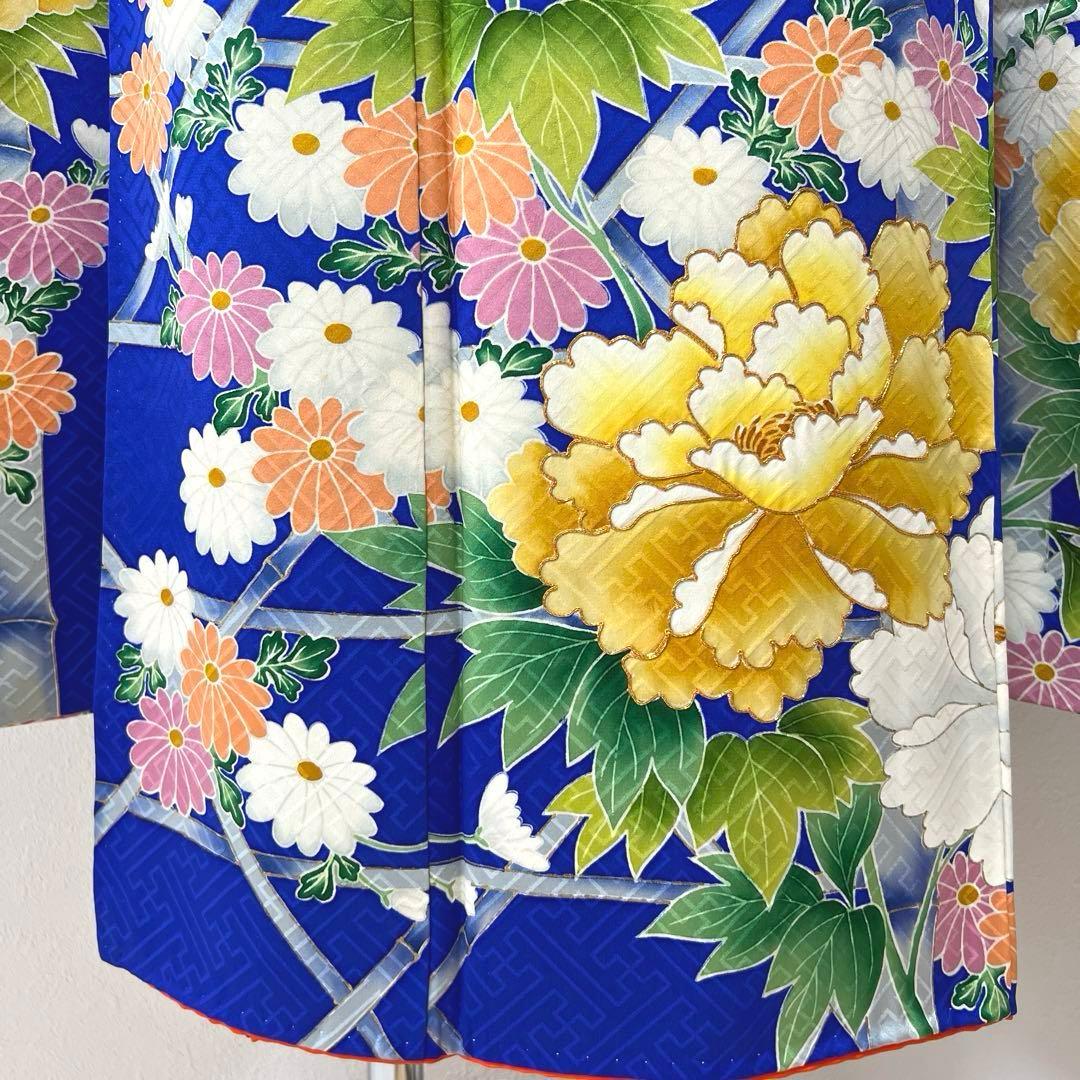 364 振袖フルセット 正絹 青 ブルー 黄色 オレンジ 金彩 駒刺繍 華やか