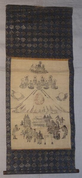 稀少 アンティーク 浅間神社 阿弥陀三尊来迎図 富士山八葉九尊 狛猿 紙本 掛軸