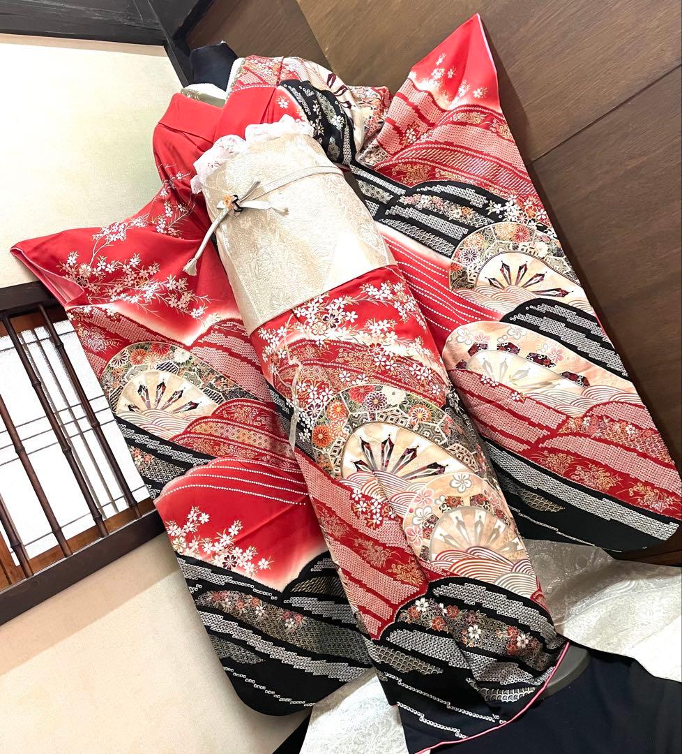 振袖 フルセット6点サイズM〜Ｌ駒刺繍　立波吉祥花文　暈し染め　金銀彩　正絹