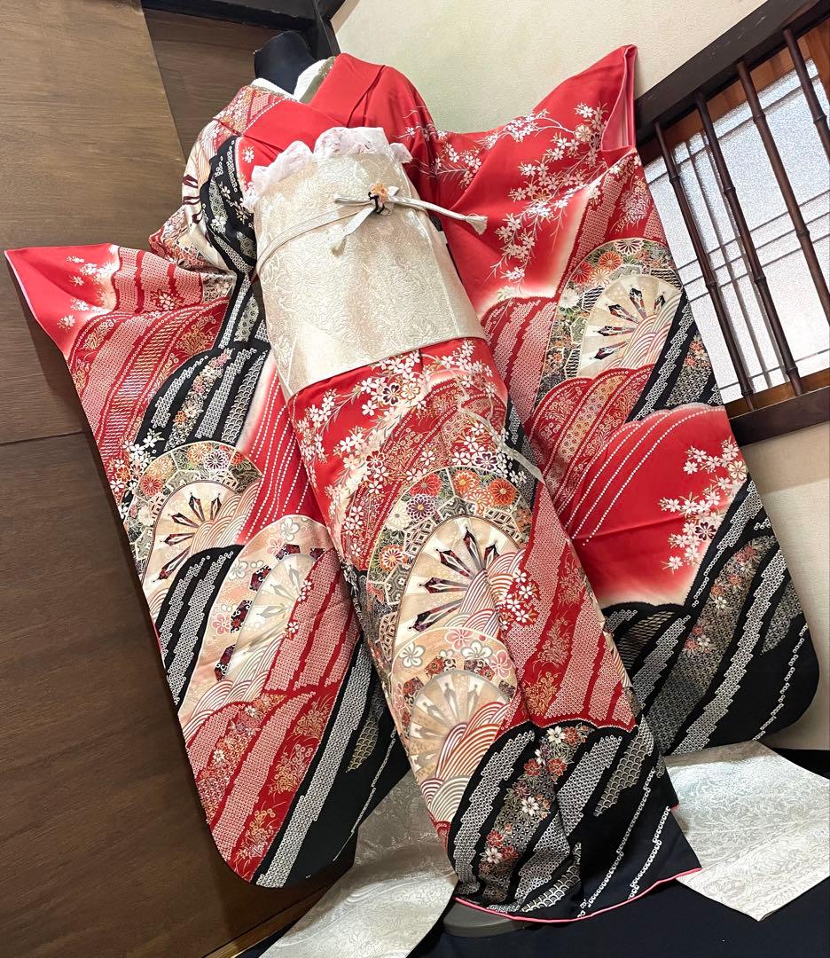 振袖 フルセット6点サイズM〜Ｌ駒刺繍　立波吉祥花文　暈し染め　金銀彩　正絹
