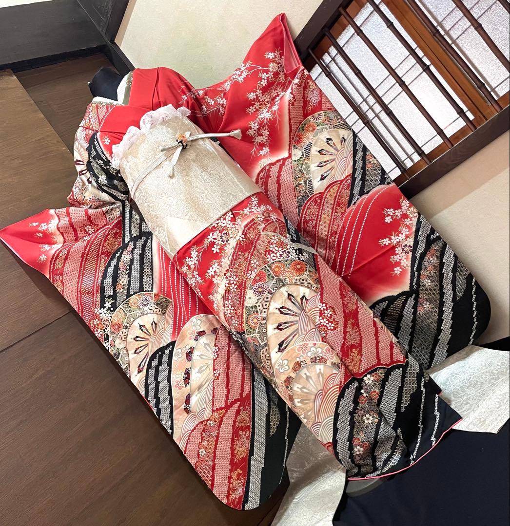 振袖 フルセット6点サイズM〜Ｌ駒刺繍　立波吉祥花文　暈し染め　金銀彩　正絹