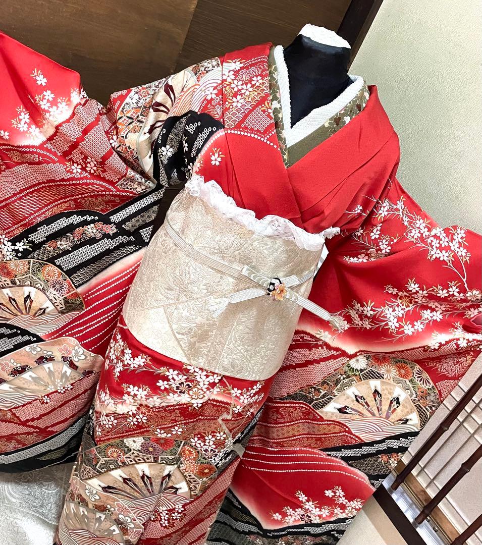 振袖 フルセット6点サイズM〜Ｌ駒刺繍　立波吉祥花文　暈し染め　金銀彩　正絹