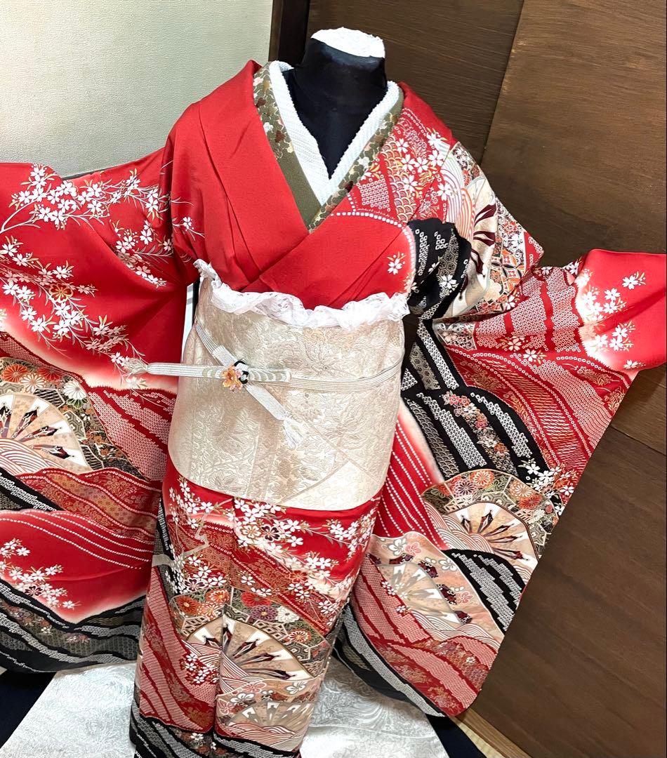 振袖 フルセット6点サイズM〜Ｌ駒刺繍　立波吉祥花文　暈し染め　金銀彩　正絹