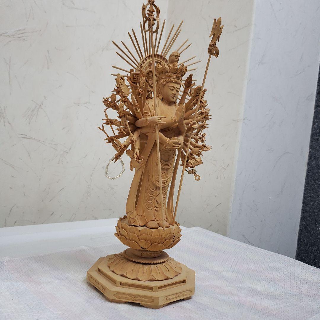 Ｂフライデー希少上彫り仏像★柘植材 千手観音菩薩像5寸立★全高 約30cm