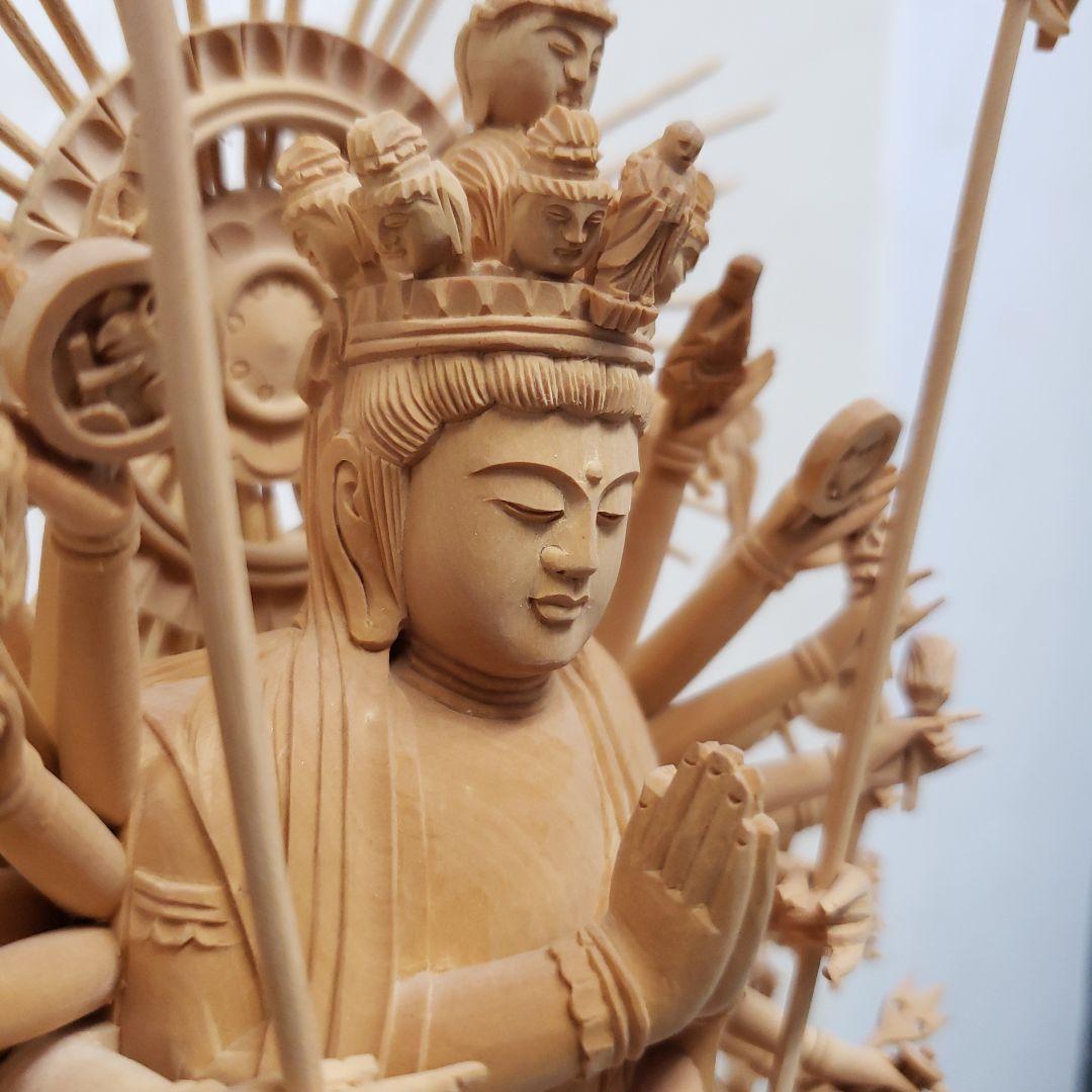 Ｂフライデー希少上彫り仏像★柘植材 千手観音菩薩像5寸立★全高 約30cm