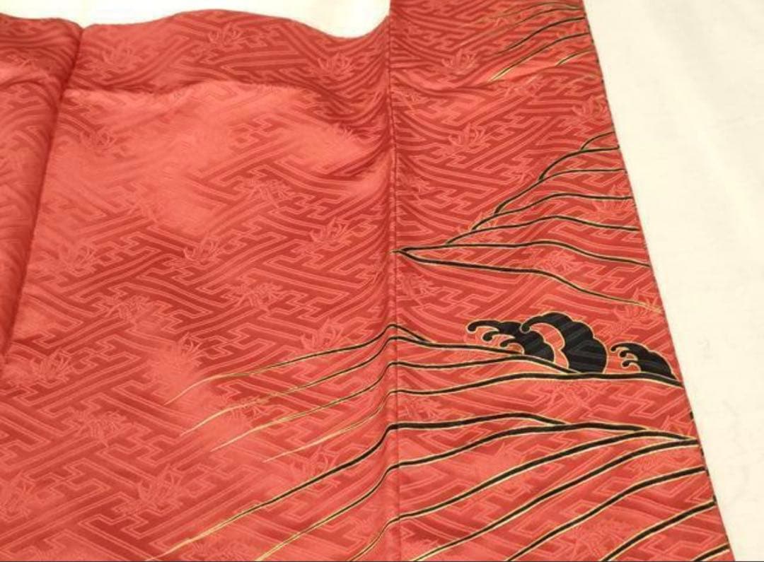 振袖 フルセット6点サイズM〜Ｌ駒刺繍　松竹梅立波花文　金彩　正絹