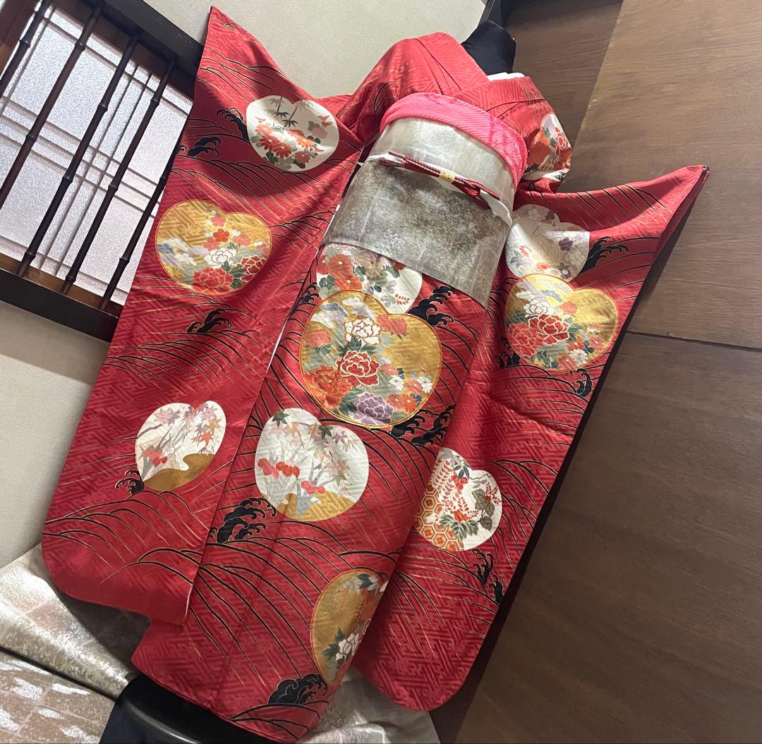 振袖 フルセット6点サイズM〜Ｌ駒刺繍　松竹梅立波花文　金彩　正絹