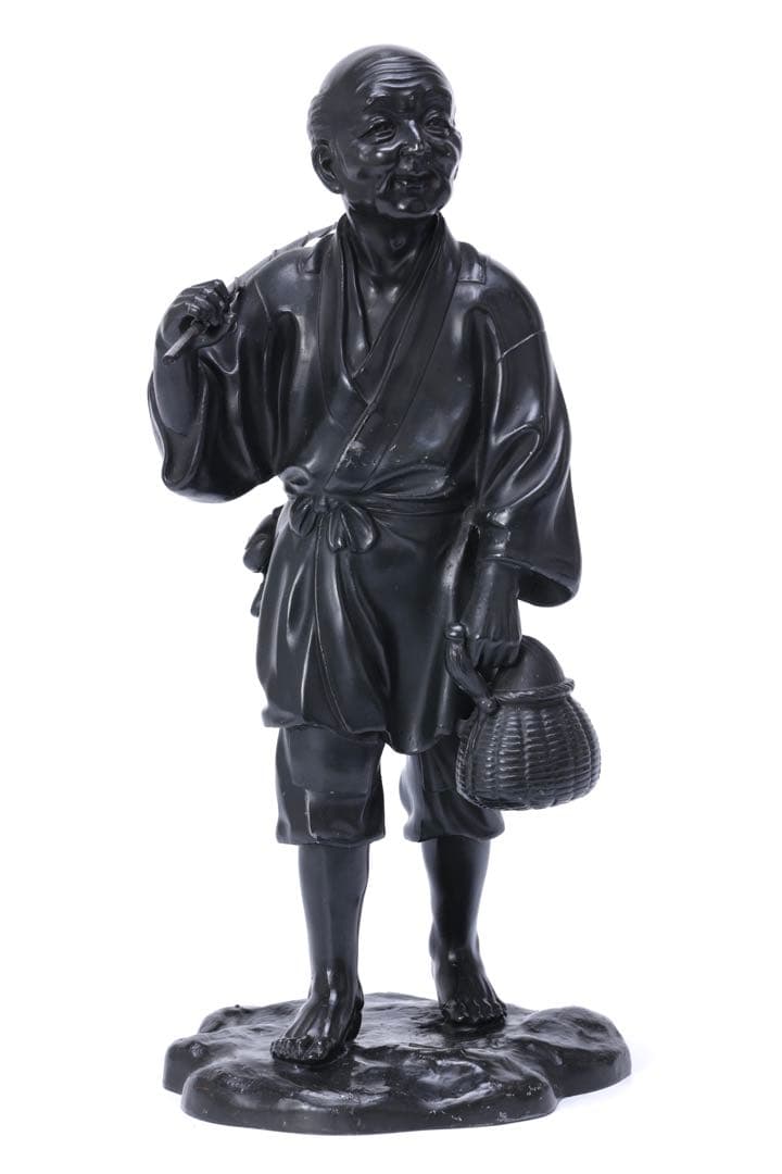 金属製 農夫像 魚籠 竹竿 裸足の老人 人物像 置物 ブロンズ調 彫像 骨董品