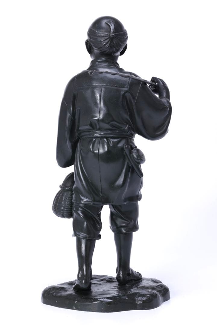 金属製 農夫像 魚籠 竹竿 裸足の老人 人物像 置物 ブロンズ調 彫像 骨董品