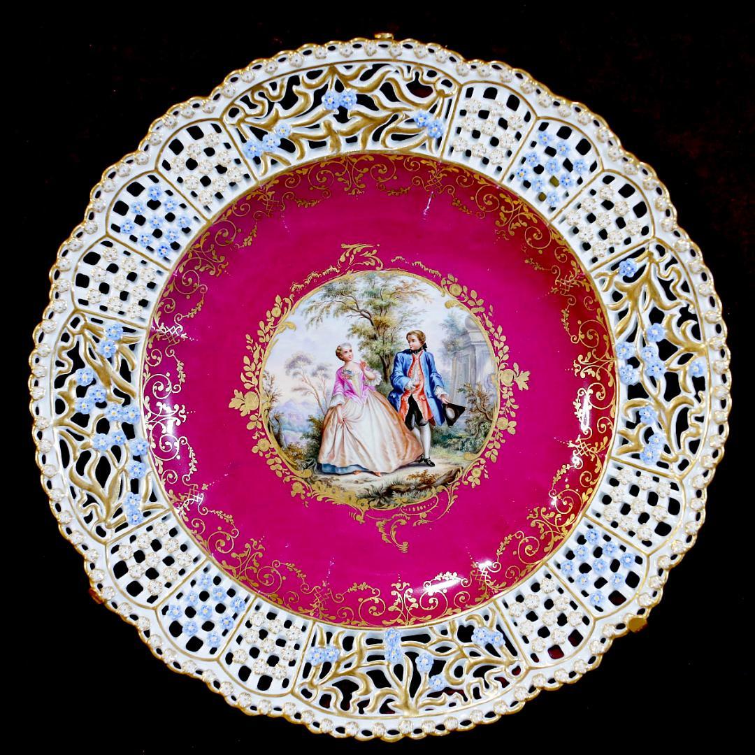 マイセン 忘れな草 透かし彫 恋人 ワトー風 飾り皿 ボタン剣 額装 １９世紀