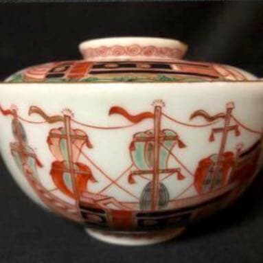 Mai【和 骨董】古伊万里 金襴手 ラッタン人阿蘭陀船の図 蓋茶碗 和蘭陀