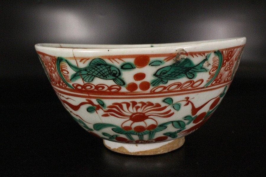 中国美術 呉須赤絵 魁紋 碗 φ21cm 旧家蔵出